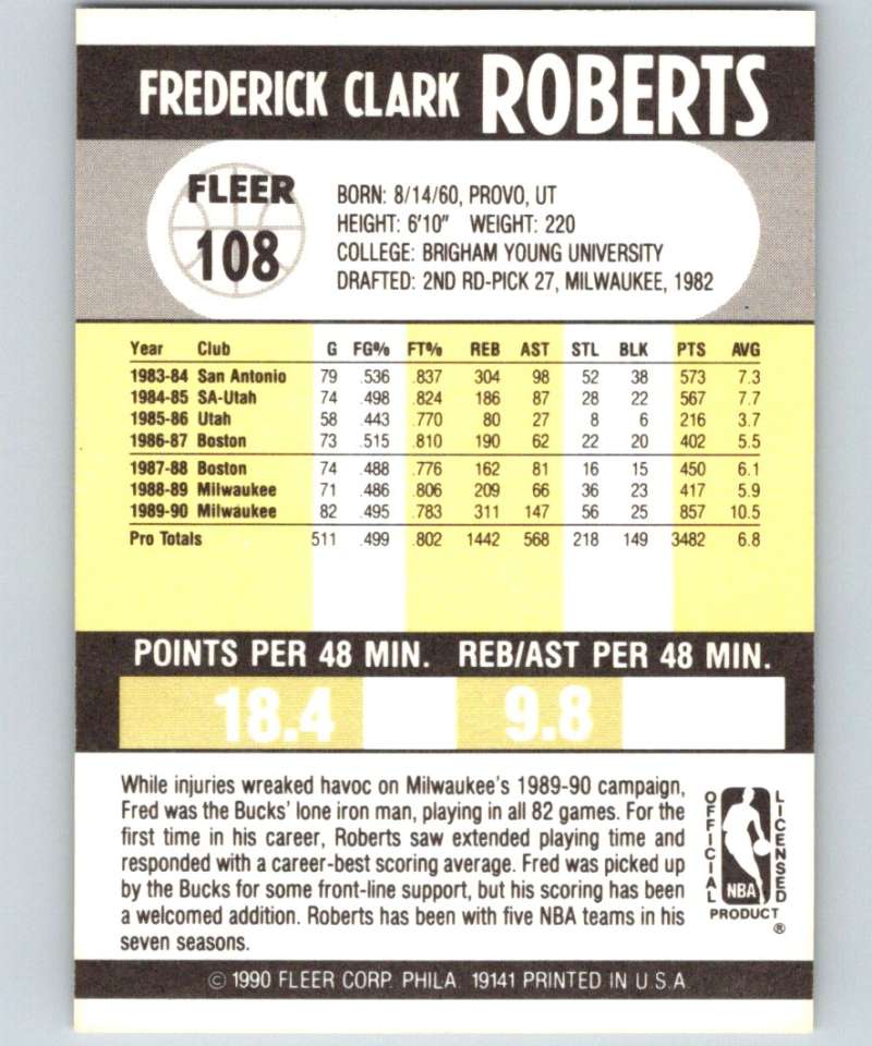 1990-91 Fleer #108 Fred Roberts Bucks NBA Basketball Image 2