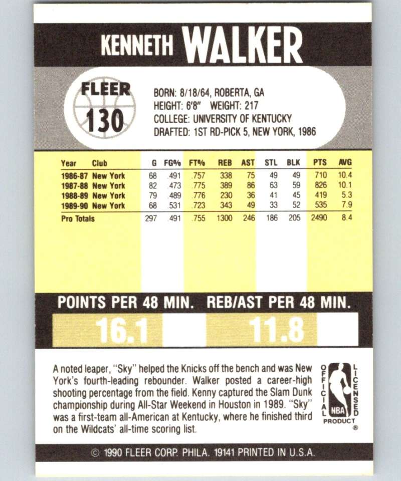 1990-91 Fleer #130 Kenny Walker Knicks NBA Basketball