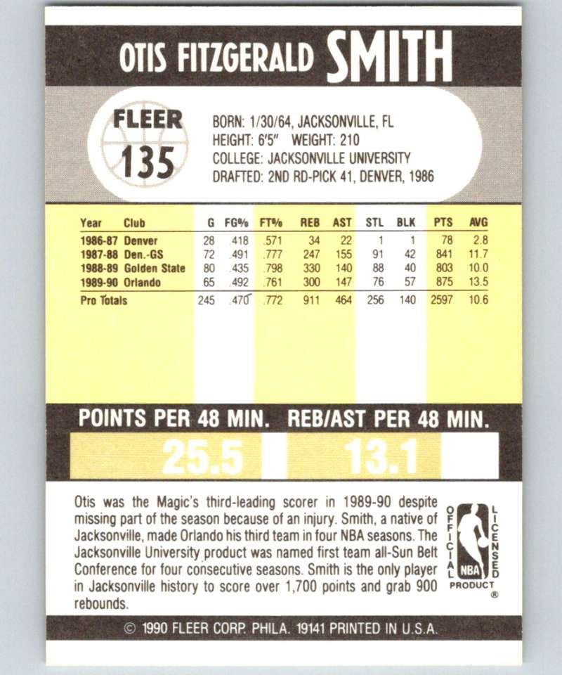 1990-91 Fleer #135 Otis Smith Magic NBA Basketball Image 2
