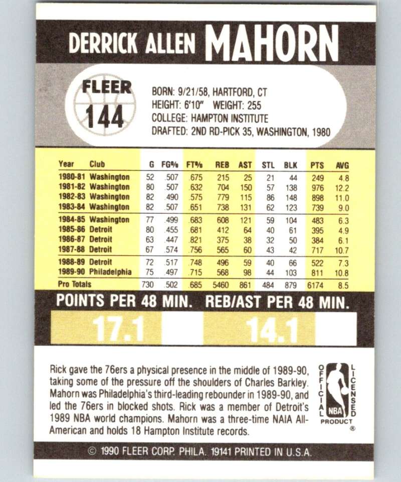 1990-91 Fleer #144 Rick Mahorn 76ers NBA Basketball Image 2