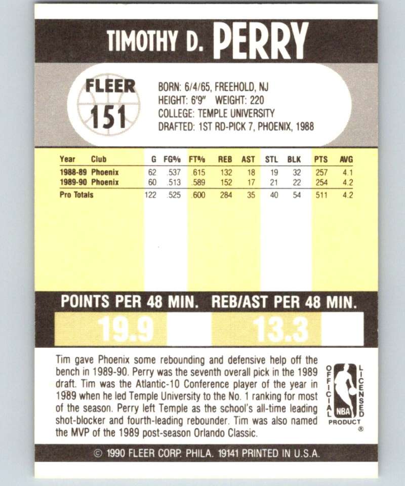 1990-91 Fleer #151 Tim Perry Suns NBA Basketball Image 2