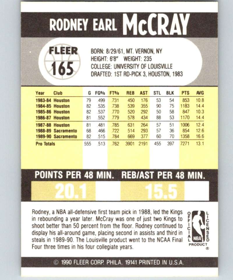 1990-91 Fleer #165 Rodney McCray Sac Kings NBA Basketball