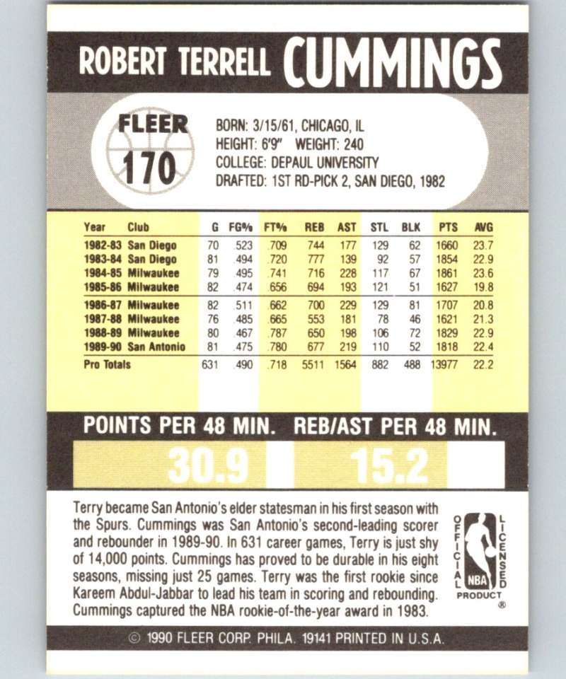 1990-91 Fleer #170 Terry Cummings Spurs NBA Basketball