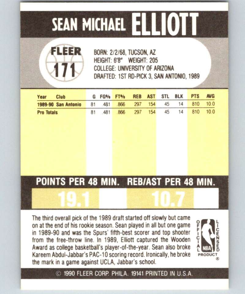 1990-91 Fleer #171 Sean Elliott RC Rookie Spurs NBA Basketball