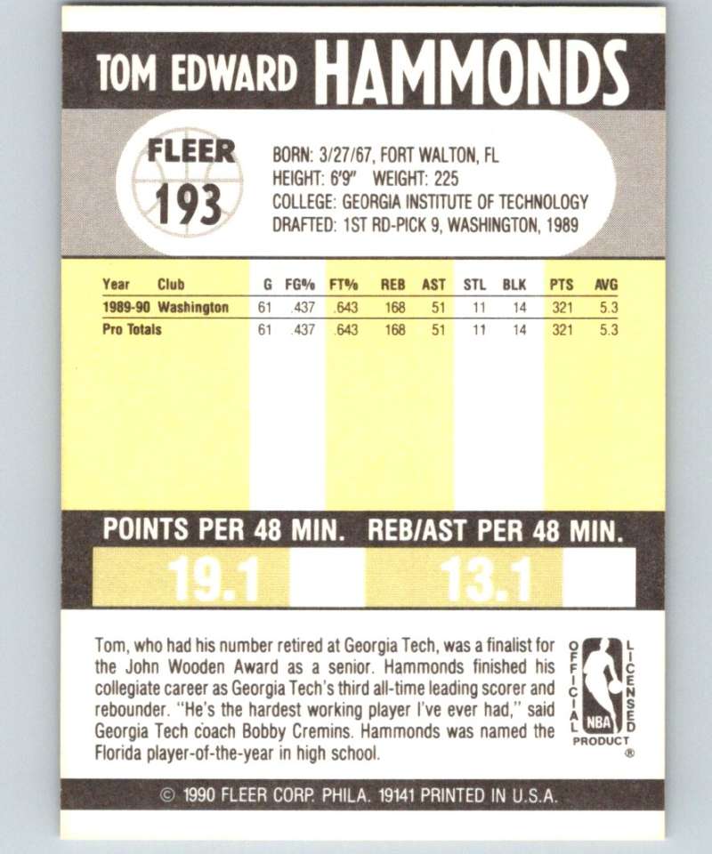 1990-91 Fleer #193 Tom Hammonds RC Rookie Bullets NBA Basketball Image 2