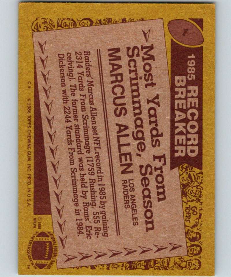 1986 Topps #1 Marcus Allen LA Raiders RB NFL Football