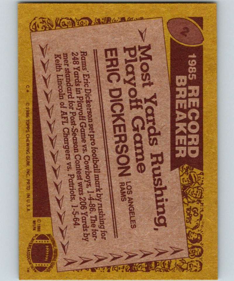 1986 Topps #2 Eric Dickerson LA Rams RB NFL Football