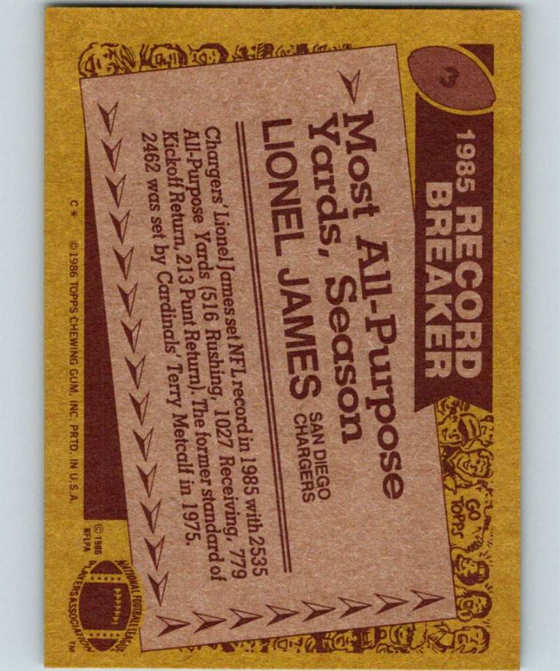 1986 Topps #3 Lionel James Chargers RB NFL Football