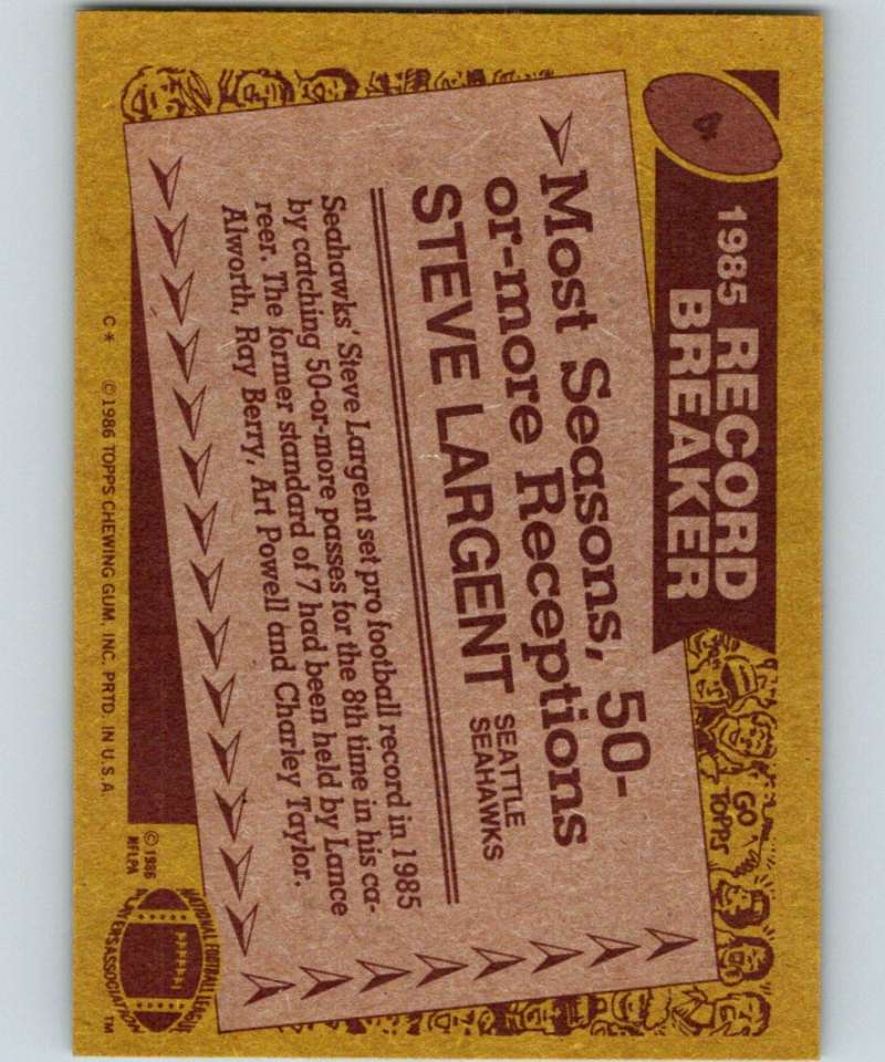 1986 Topps #4 Steve Largent Seahawks RB NFL Football