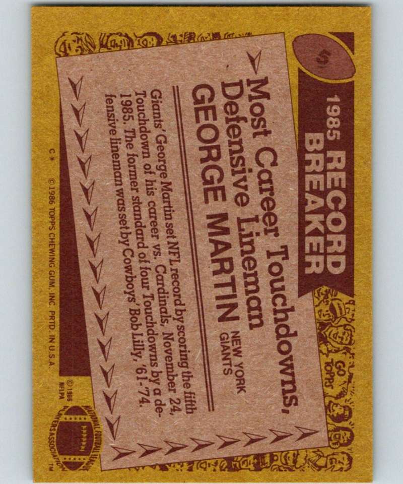 1986 Topps #5 George Martin NY Giants RB NFL Football Image 2