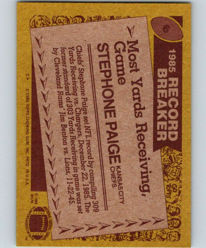 1986 Topps #6 Stephone Paige Chiefs RB NFL Football