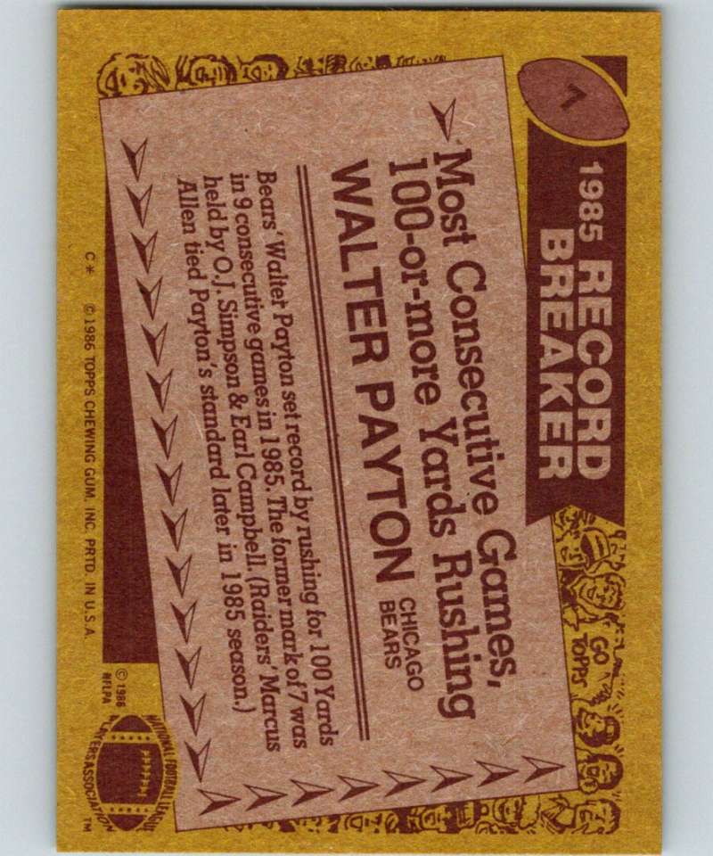 1986 Topps #7 Walter Payton Bears RB NFL Football