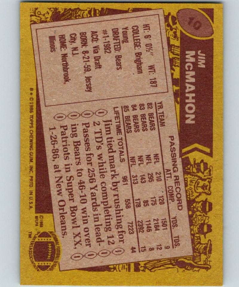 1986 Topps #10 Jim McMahon Bears NFL Football