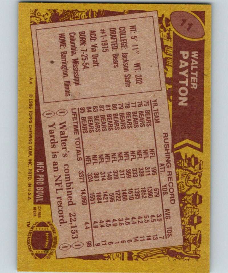 1986 Topps #11 Walter Payton Bears NFL Football