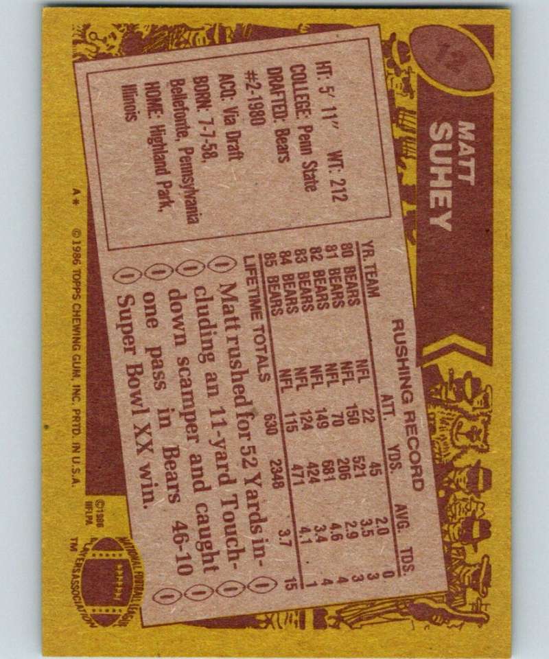 1986 Topps #12 Matt Suhey Bears NFL Football