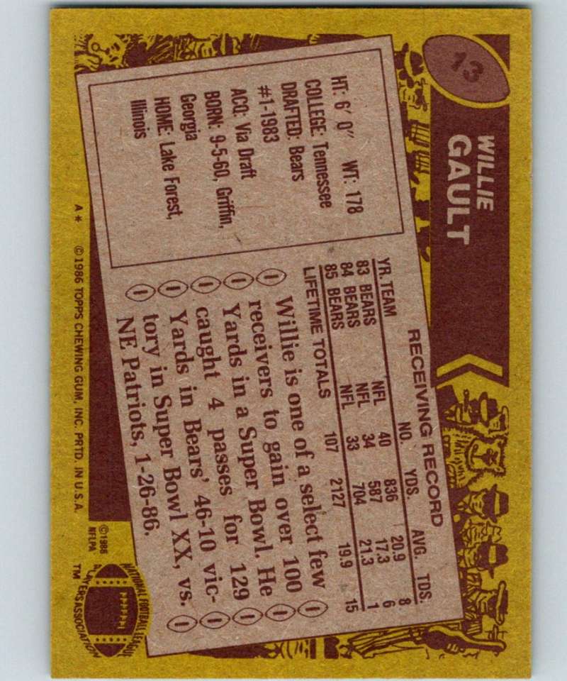 1986 Topps #13 Willie Gault Bears NFL Football
