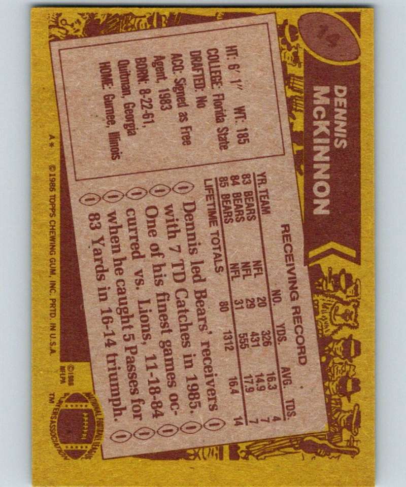 1986 Topps #14 Dennis McKinnon RC Rookie Bears NFL Football
