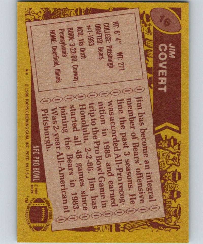 1986 Topps #16 Jim Covert Bears NFL Football Image 2