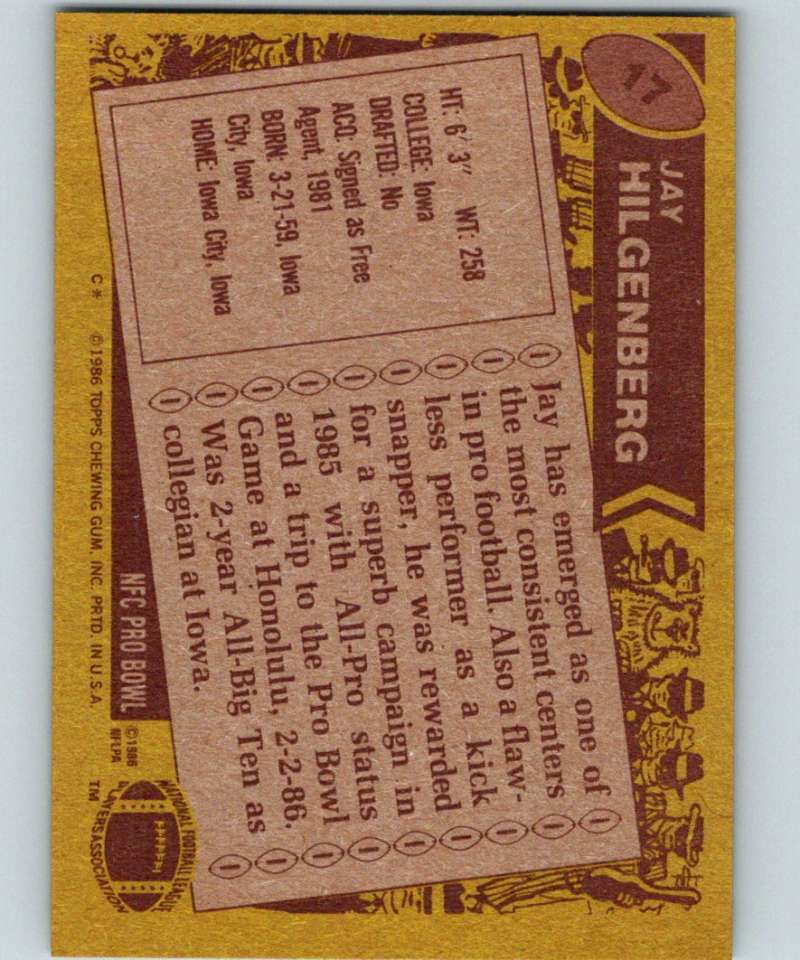 1986 Topps #17 Jay Hilgenberg RC Rookie Bears NFL Football
