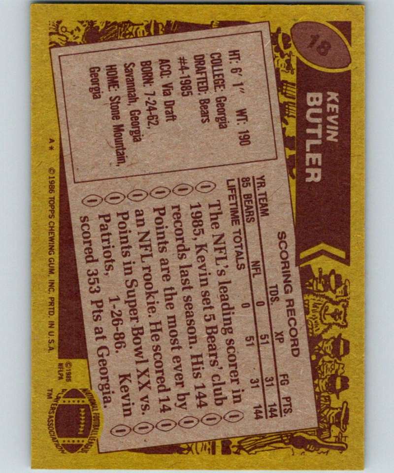 1986 Topps #18 Kevin Butler RC Rookie Bears NFL Football