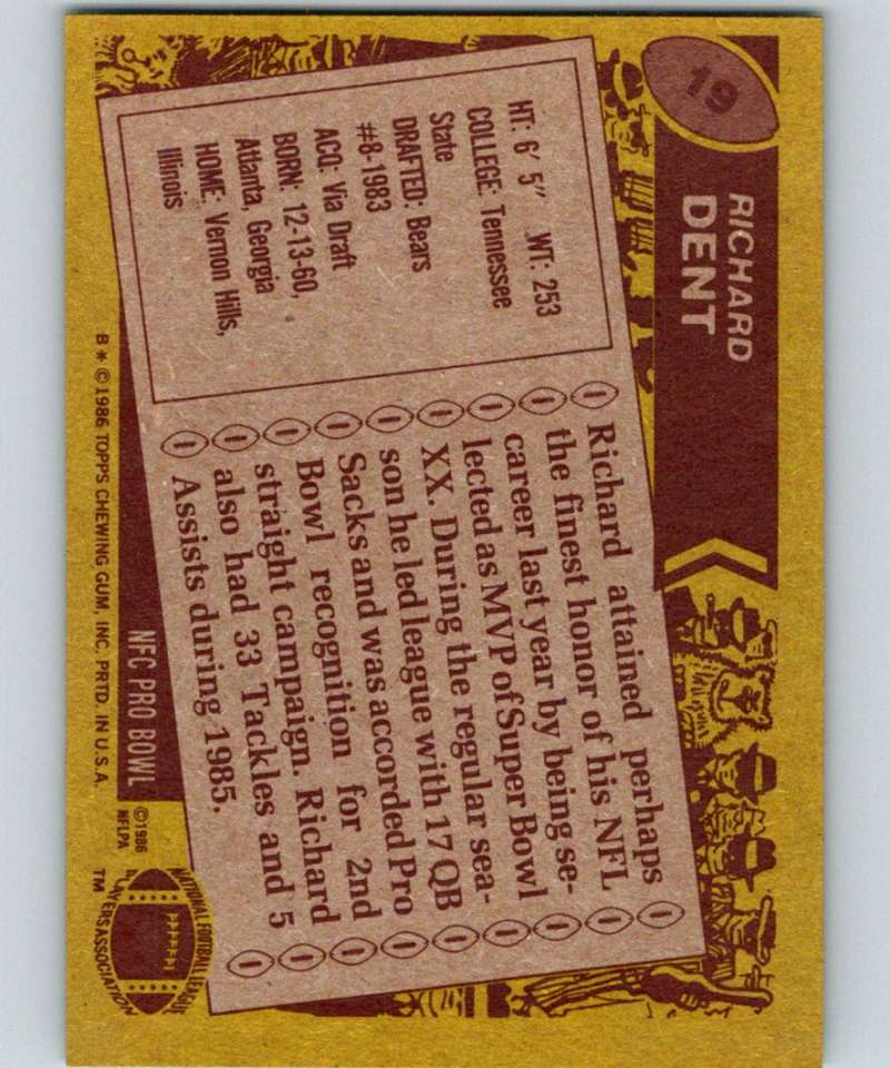 1986 Topps #19 Richard Dent Bears NFL Football