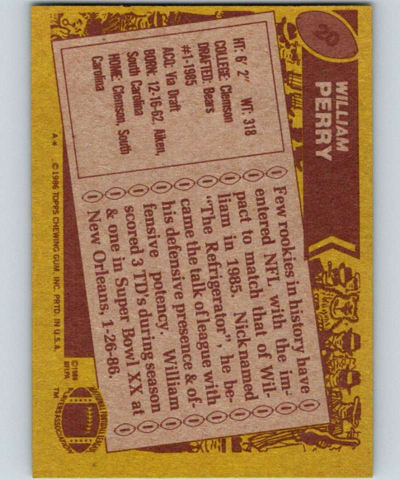 1986 Topps #20 William Perry RC Rookie Bears NFL Football