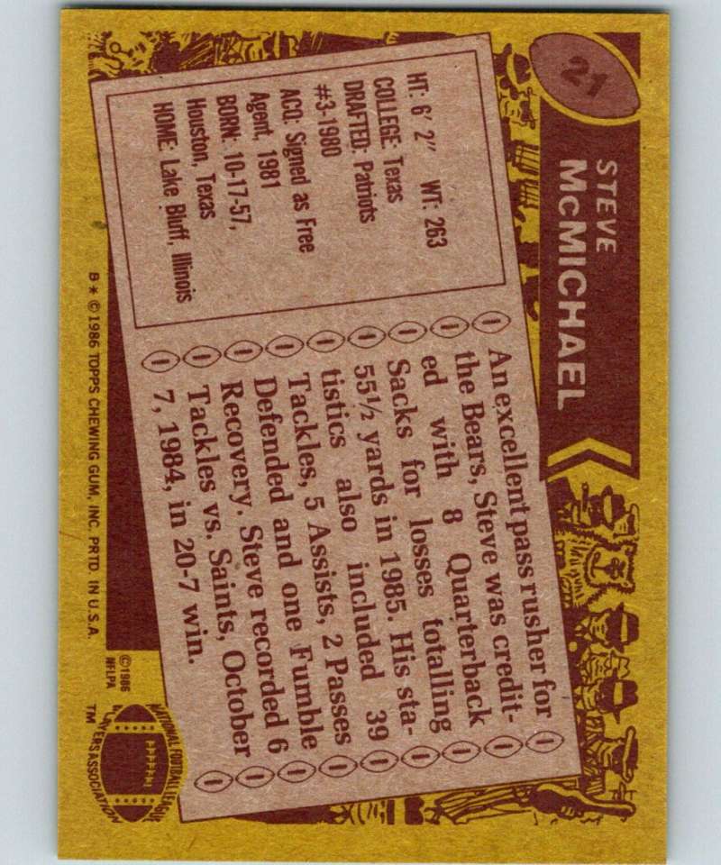 1986 Topps #21 Steve McMichael Bears NFL Football
