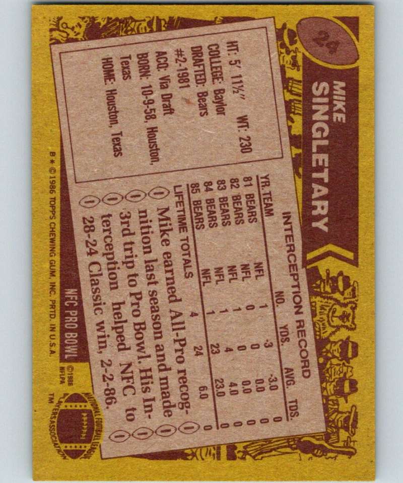 1986 Topps #24 Mike Singletary Bears NFL Football