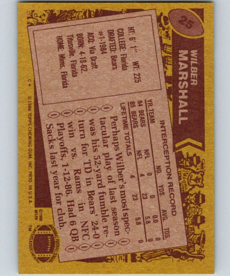 1986 Topps #25 Wilber Marshall RC Rookie Bears NFL Football
