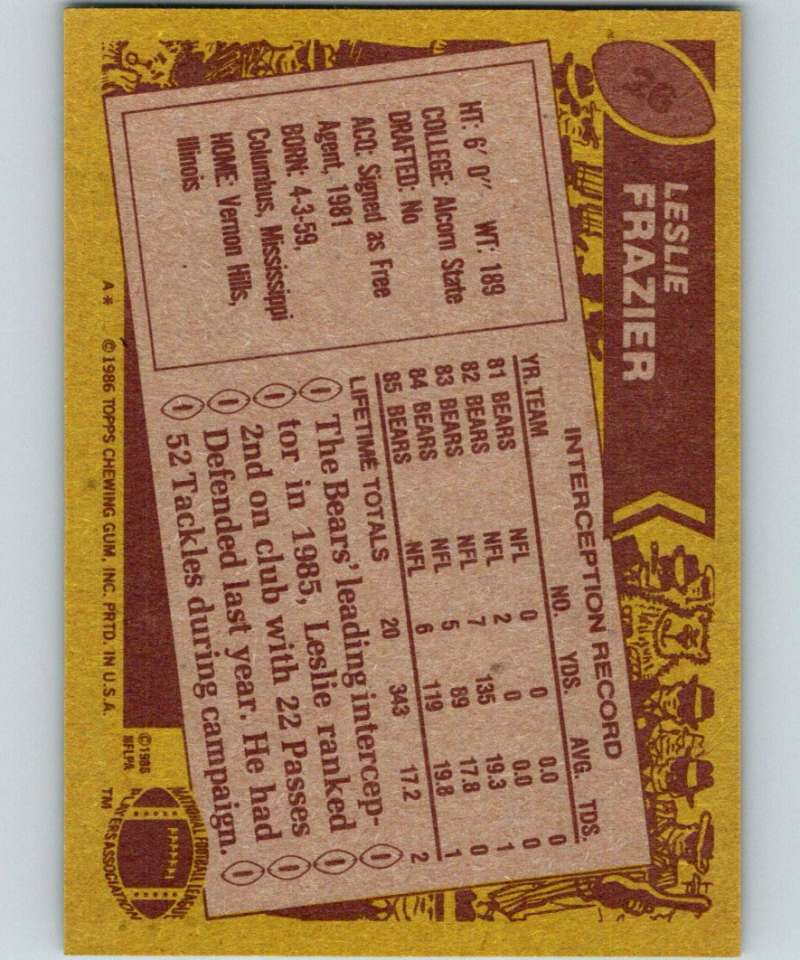 1986 Topps #26 Leslie Frazier Bears NFL Football Image 2