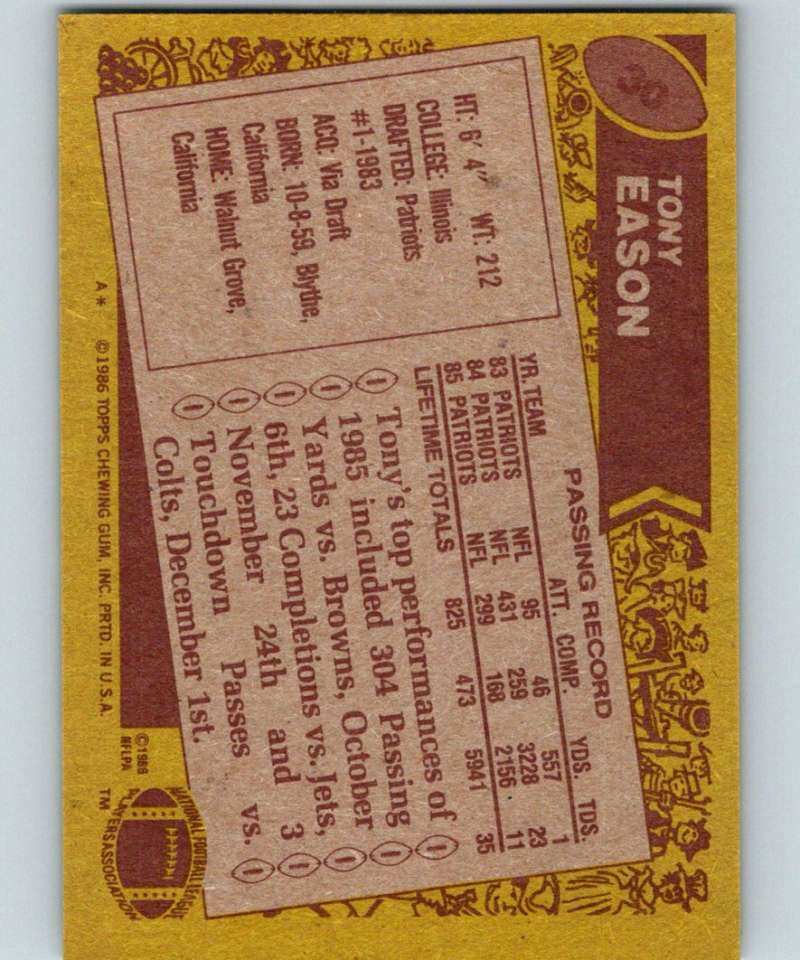 1986 Topps #30 Tony Eason Patriots NFL Football