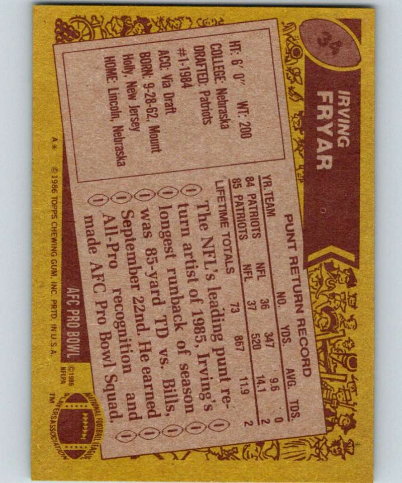 1986 Topps #34 Irving Fryar Patriots NFL Football Image 2