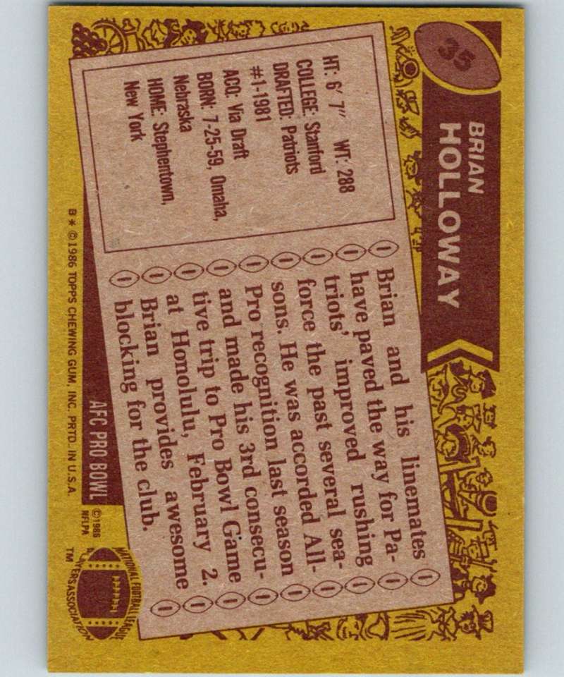 1986 Topps #35 Brian Holloway Patriots NFL Football Image 2