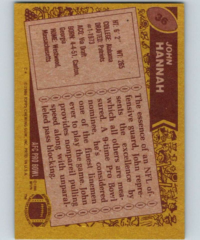 1986 Topps #36 John Hannah Patriots NFL Football