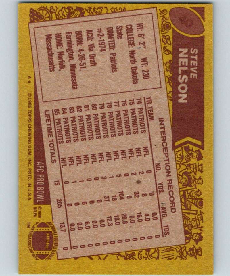 1986 Topps #40 Steve Nelson Patriots NFL Football