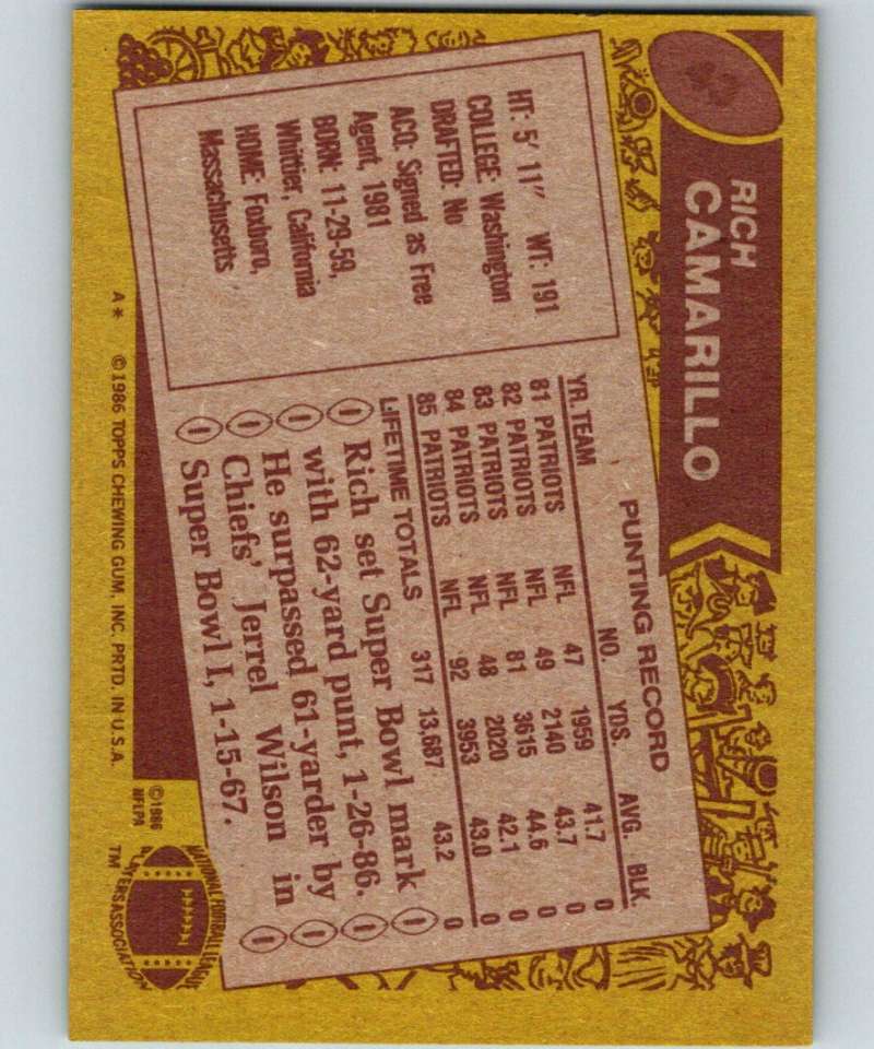1986 Topps #43 Rich Camarillo Patriots NFL Football Image 2