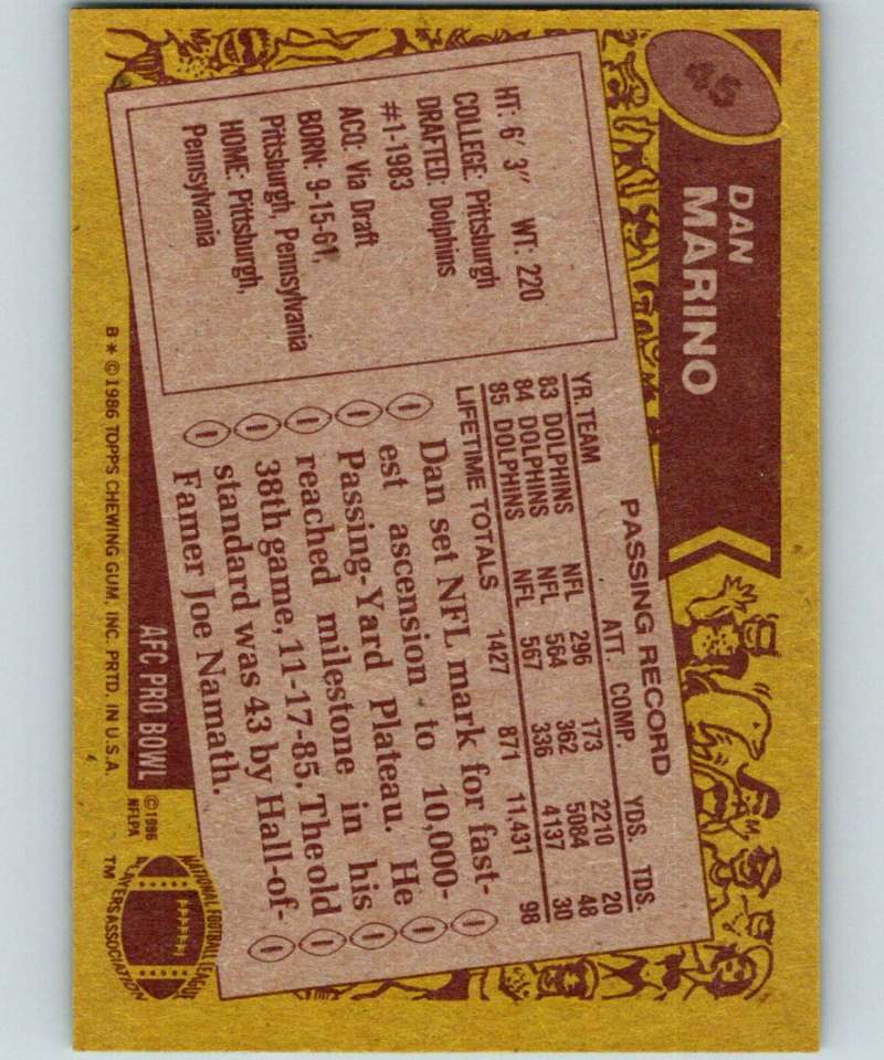 1986 Topps #45 Dan Marino Dolphins NFL Football