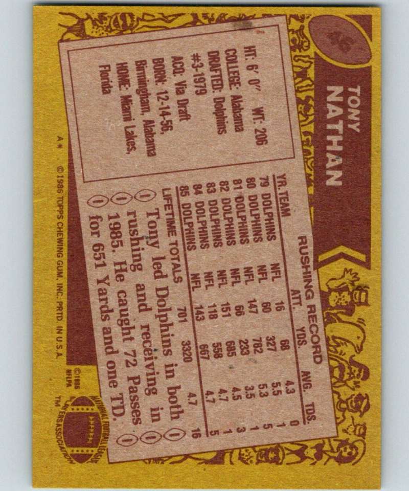 1986 Topps #46 Tony Nathan Dolphins NFL Football