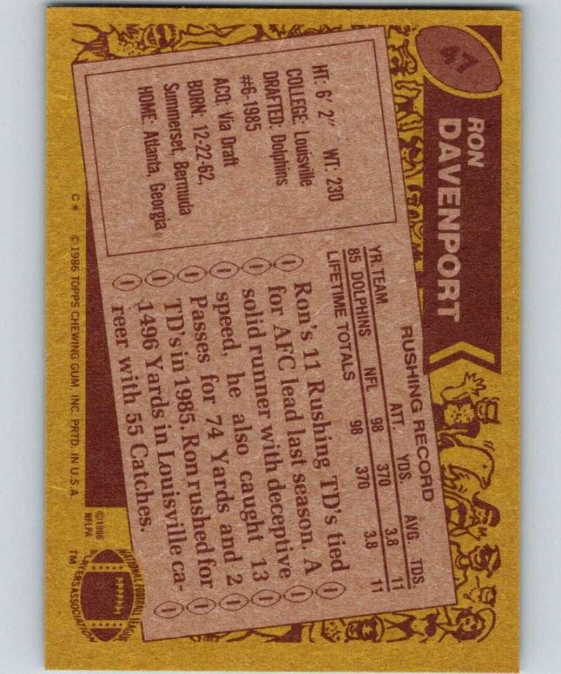 1986 Topps #47 Ron Davenport RC Rookie Dolphins NFL Football