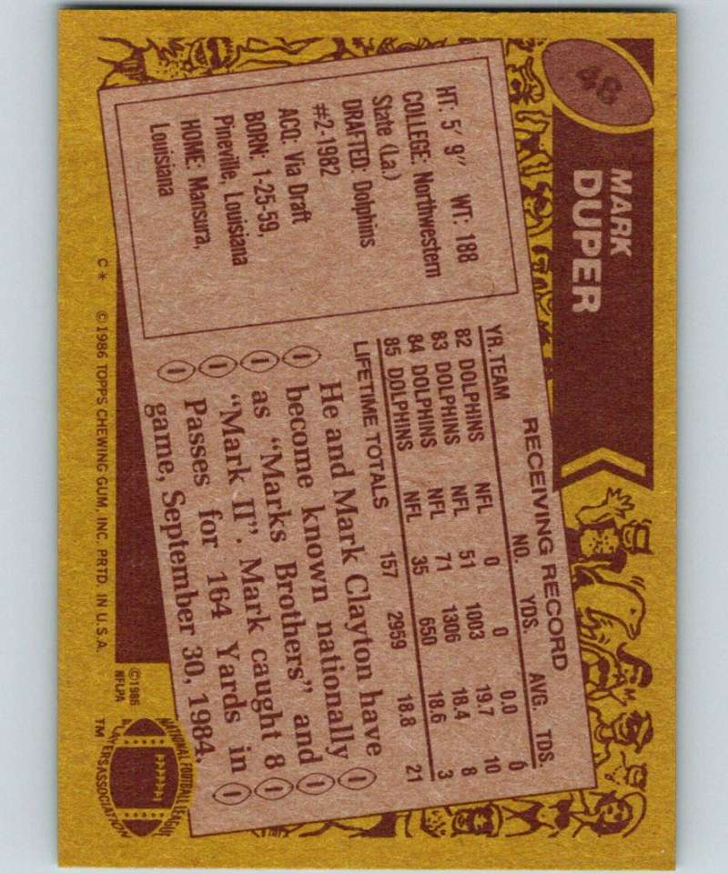 1986 Topps #48 Mark Duper Dolphins NFL Football Image 2