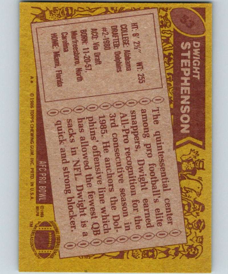 1986 Topps #53 Dwight Stephenson Dolphins NFL Football Image 2