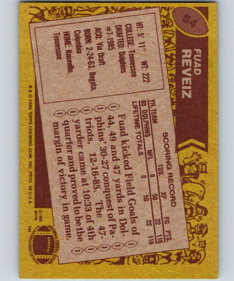 1986 Topps #54 Fuad Reveiz RC Rookie Dolphins NFL Football