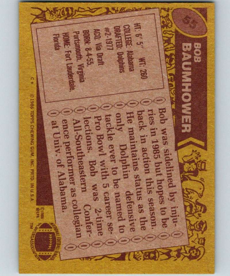 1986 Topps #55 Bob Baumhower Dolphins NFL Football