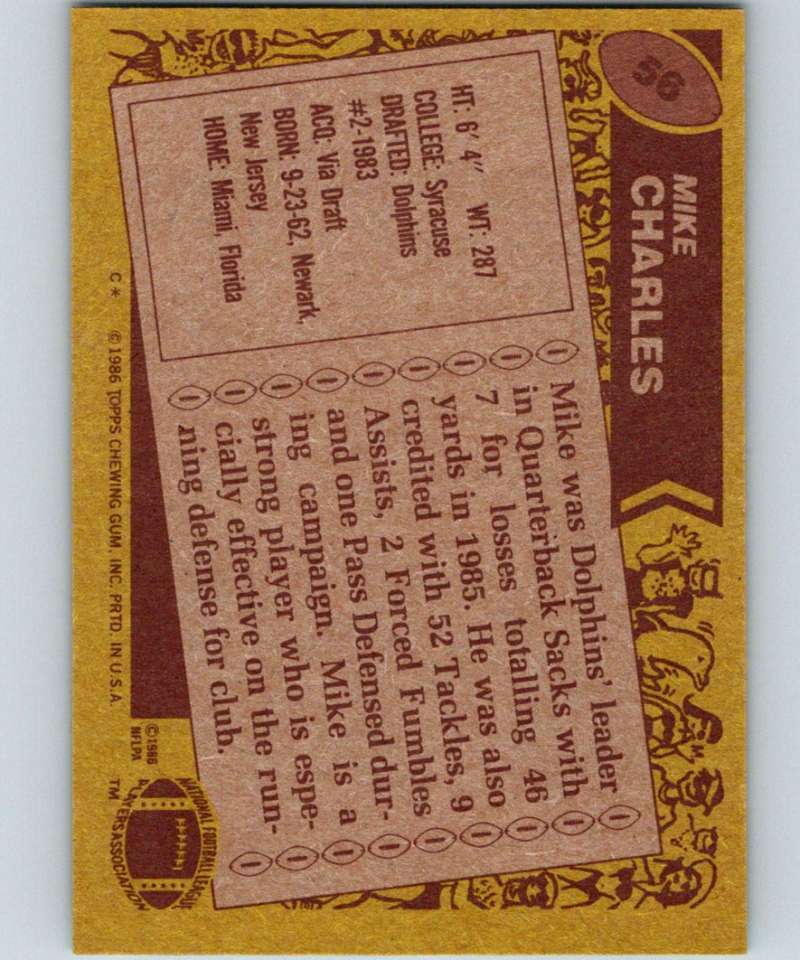 1986 Topps #56 Mike Charles Dolphins NFL Football
