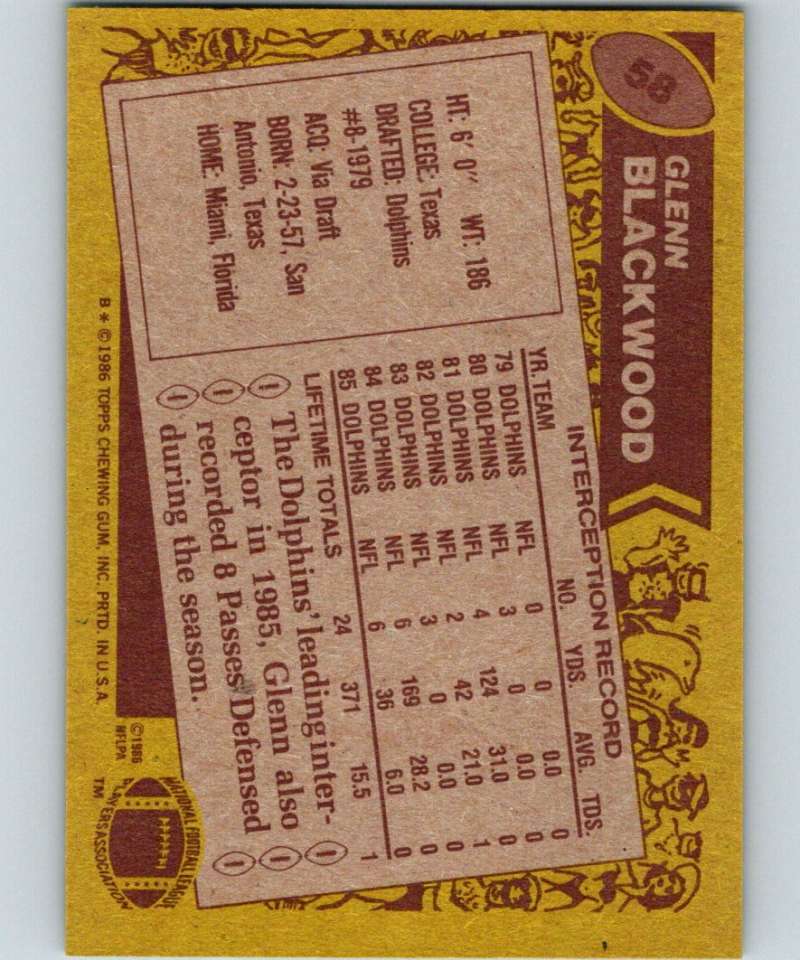 1986 Topps #58 Glenn Blackwood Dolphins NFL Football