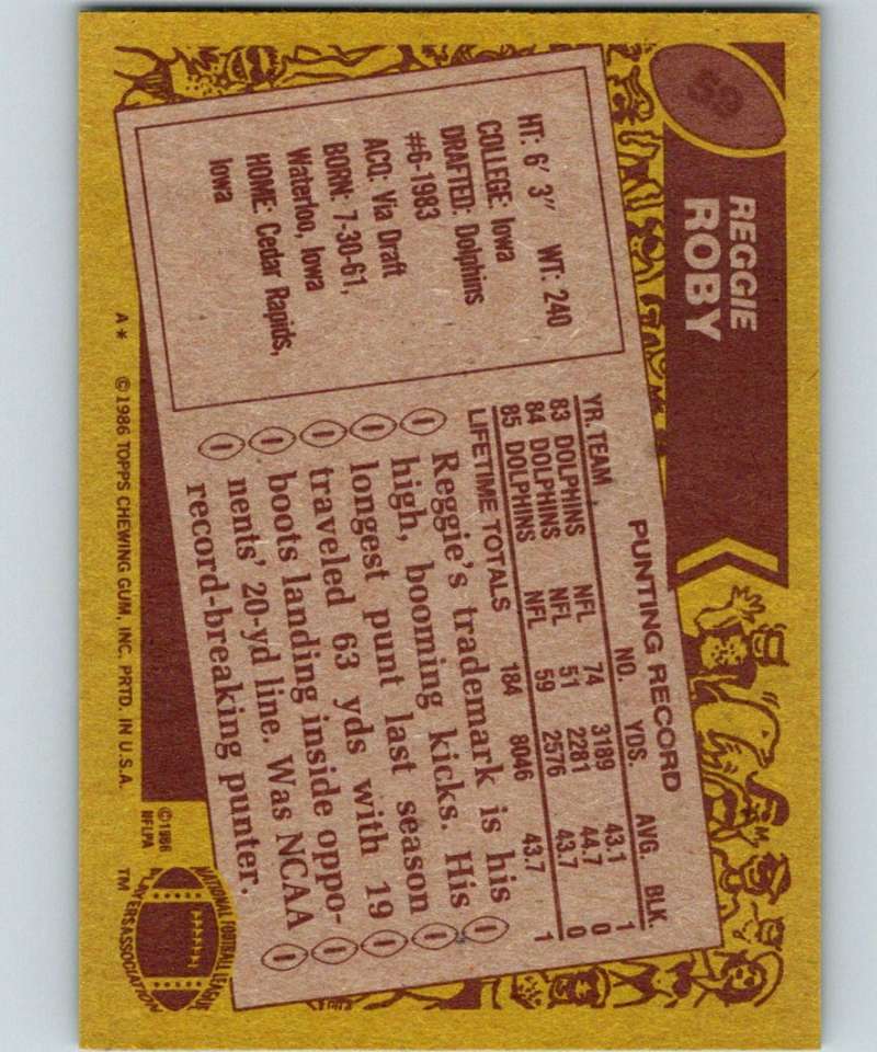1986 Topps #59 Reggie Roby Dolphins NFL Football