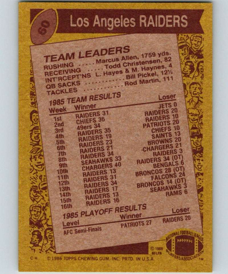 1986 Topps #60 Marcus Allen LA Raiders TL NFL Football Image 2