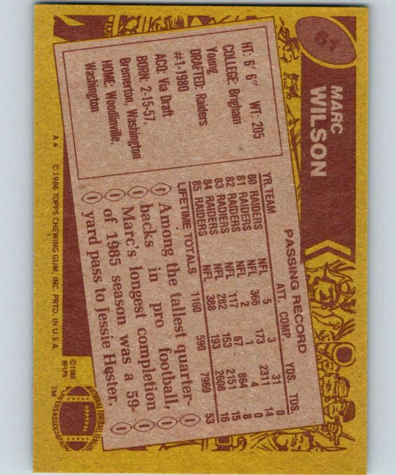 1986 Topps #61 Marc Wilson LA Raiders NFL Football Image 2