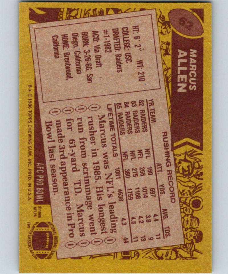 1986 Topps #62 Marcus Allen LA Raiders NFL Football