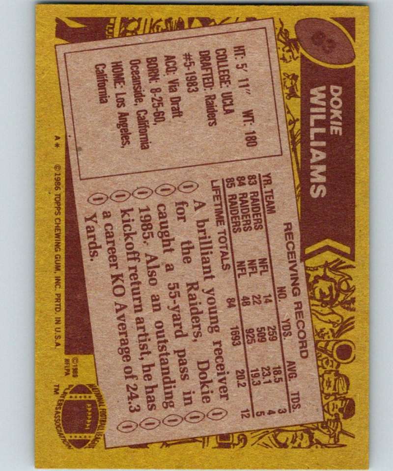 1986 Topps #63 Dokie Williams LA Raiders NFL Football Image 2